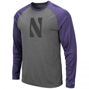 Northwestern University Wildcats Colosseum Men's Heather Grey/Purple Rad Tad Raglan L/S T-Shirt with Stylized N Design