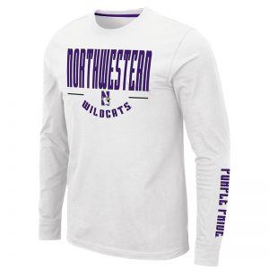 Northwestern University Wildcats Colosseum Men's White Streepurplear L/S T-Shirt with Northwestern & N-Cat Design