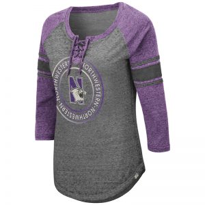 Northwestern University Wildcats Colosseum Ladies Carrie Lace Up Long Sleeve Tee with N-Cat Design