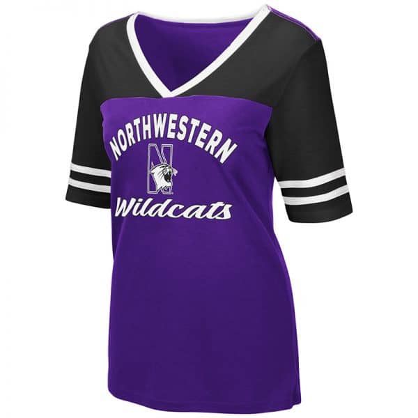 Northwestern University Wildcats Colosseum Ladies Samantha V-Neck S/S Tee with N-Cat Design