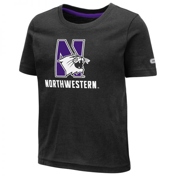 Northwestern University Wildcats Colosseum Toddler Black S/S T-Shirt with N-Cat Over Northwestern Design