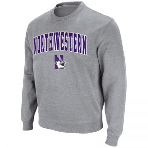 Northwestern University Wildcats Men's Heather Grey Colosseum Crewneck Sweatshirt With Sewn Arched Northwestern Over N-Cat Design