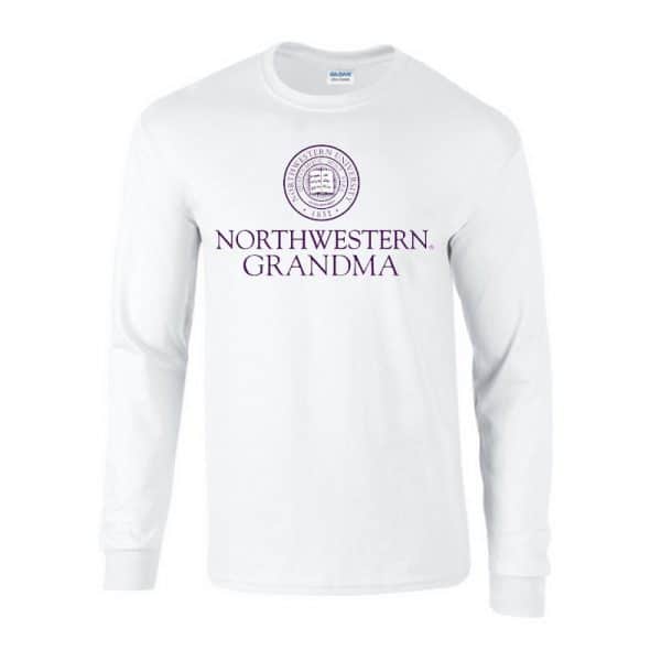 Northwestern University Wildcats White Long Sleeve Tee Shirt with Grandma Design