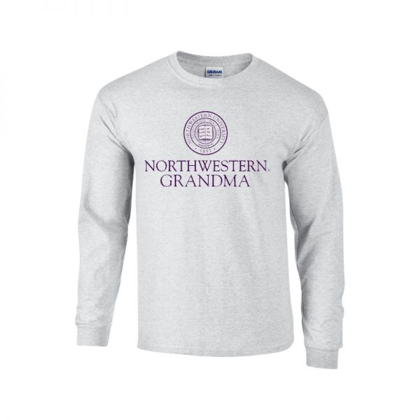 Northwestern University Wildcats Light Grey Long Sleeve Tee Shirt with Grandma Design