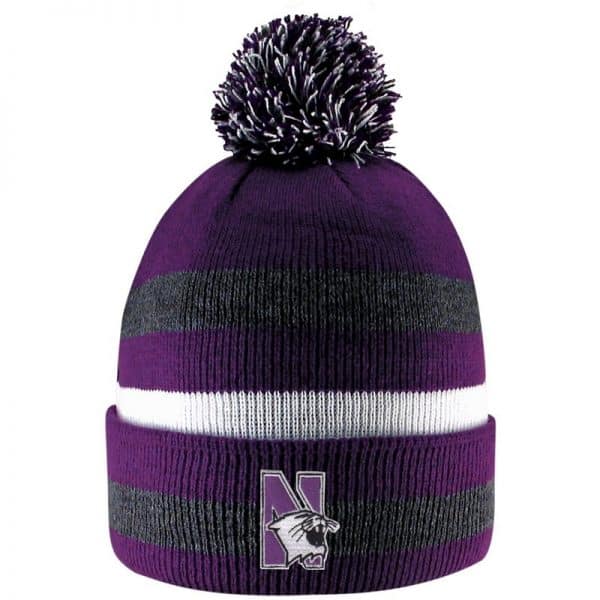 Northwestern University Wildcats Adult Prime Time Stripped Knit Cuff Hat With Pom