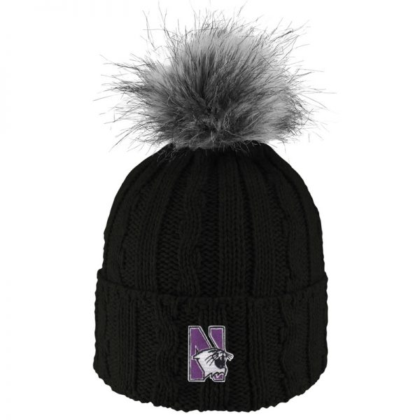 Northwestern University Wildcats Adult ALPS Black Knit Cuff Hat With Faux Fur Pom