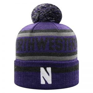 Northwestern University Wildcats Adult Three Tone Cuffed Pom Knit Hat With Knitted Northwestern & Embroidered Stylized N-Front