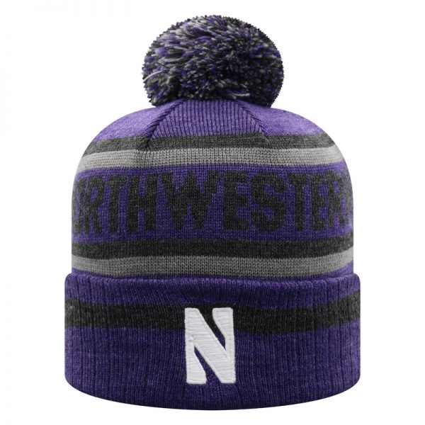 Northwestern University Wildcats Adult Three Tone Cuffed Pom Knit Hat With Knitted Northwestern & Embroidered Stylized N-Front
