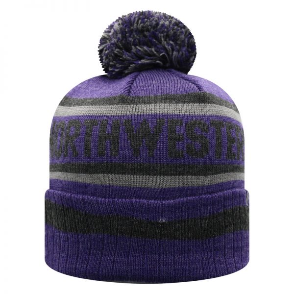 Northwestern University Wildcats Adult Three Tone Cuffed Pom Knit Hat With Knitted Northwestern & Embroidered Stylized N-Back