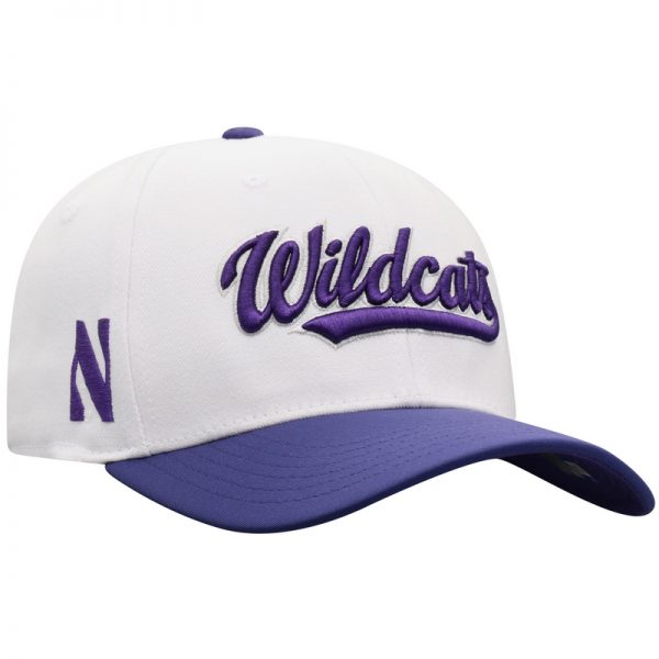 Northwestern University Wildcats Top Of The World Constructed Onefit Two Tone White/Purple Hat with Script Wildcats Design -Front 2