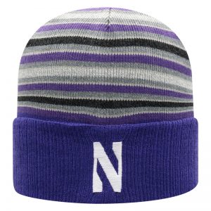 Northwestern University Wildcats Adult Multicolor Stripped Cuffed Pom Knit Hat With Embroidered Stylized N