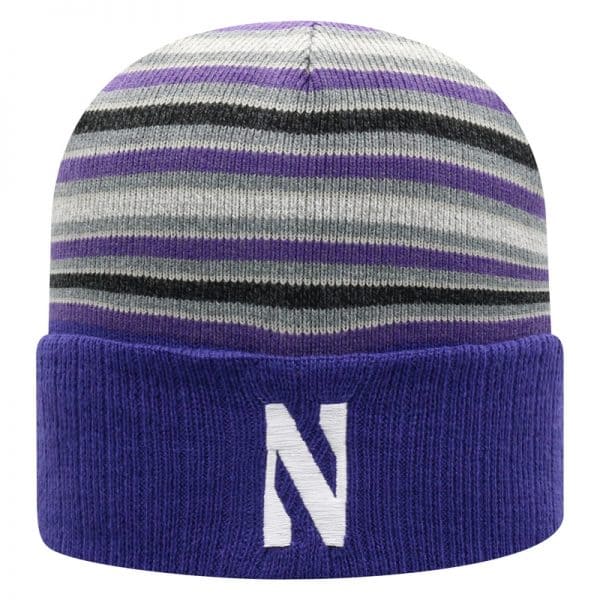 Northwestern University Wildcats Adult Multicolor Stripped Cuffed Pom Knit Hat With Embroidered Stylized N