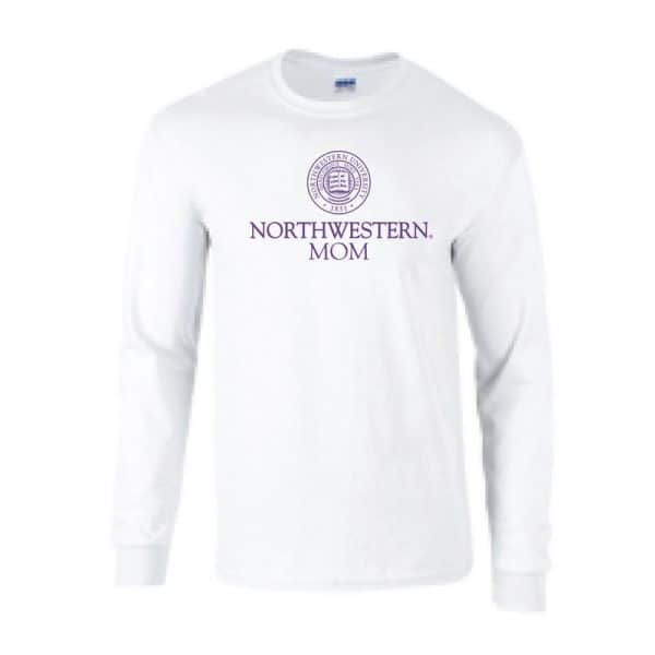Northwestern University Wildcats White Long Sleeve Tee Shirt with Mom Design