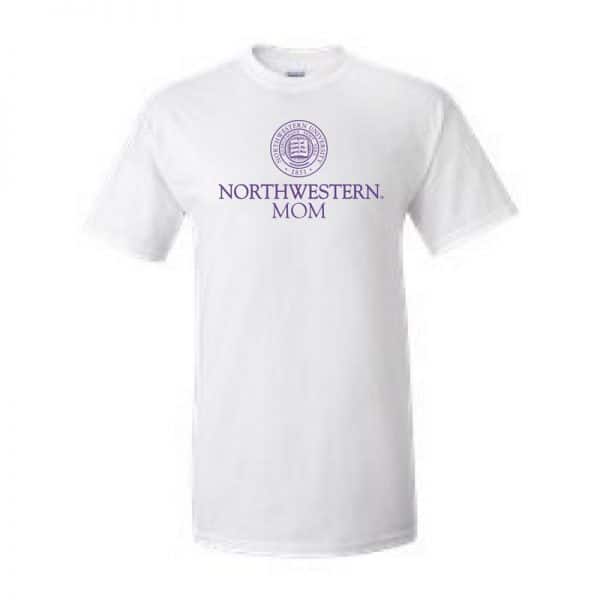 Northwestern University Wildcats White Short Sleeve Tee Shirt with Mom Design
