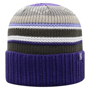 Northwestern University Wildcats Adult Multicolor Old Fahion Stripped Cuffed Knit Hat With a Small Woven N Logo Label