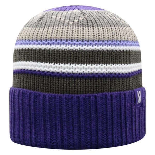 Northwestern University Wildcats Adult Multicolor Old Fahion Stripped Cuffed Knit Hat With a Small Woven N Logo Label