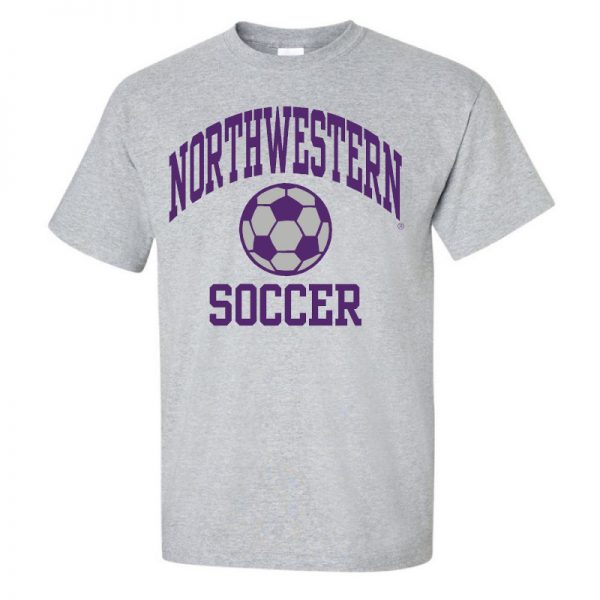 Northwestern University Wildcats Grey Short Sleeve Tee Shirt with Soccer Design