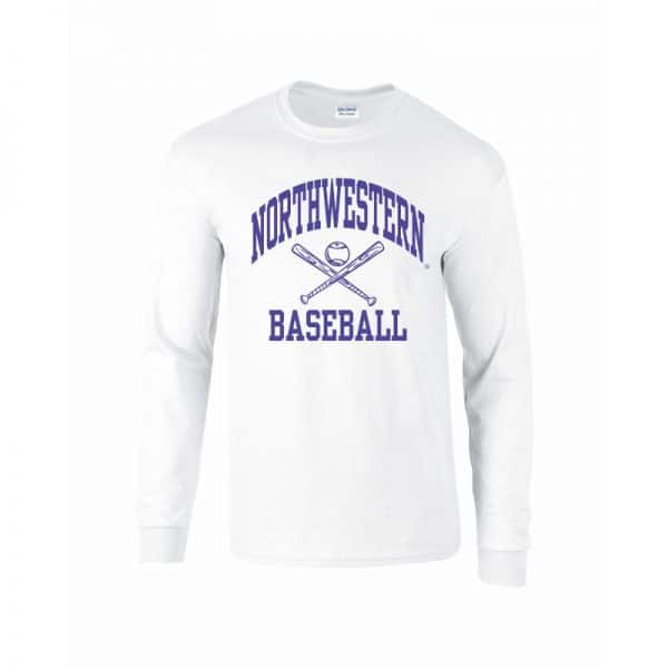 Northwestern University Wildcats White Long Sleeve Tee Shirt with Baseball Design