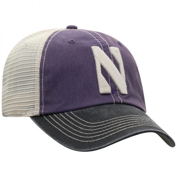 Northwestern University Wildcats Top Of The World Adjustable Snapback Purple/Cream Trucker Mesh Hat with Stylized N Design & Black Visor -Front 2