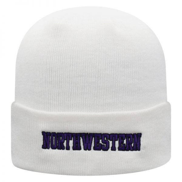 Northwestern University Wildcats Adult White Cuffed Knit Hat With Embroidered Northwestern Design On Front and N-Cat On the Back