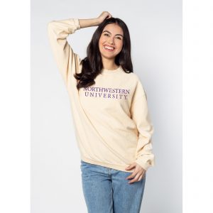 Northwestern University Wildcats Chicka-d Natural Cream Crewneck Sweatshirt With Distressed Northwestern University Design