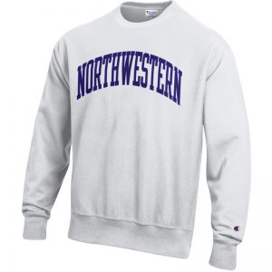 Northwestern University Wildcats Men's White Champion Super Heavy Reverse Weave Crewneck Sweatshirt with Purple Arched Northwestern Wool Sewn Appliqué Design