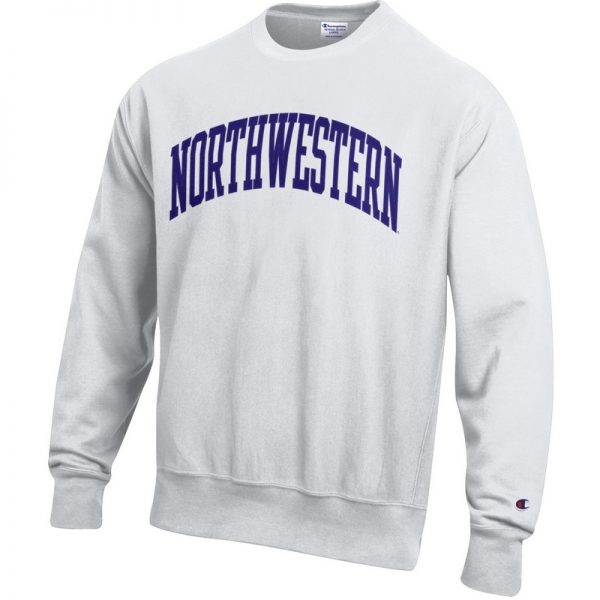 Northwestern University Wildcats Men's White Champion Super Heavy Reverse Weave Crewneck Sweatshirt with Purple Arched Northwestern Wool Sewn Appliqué Design