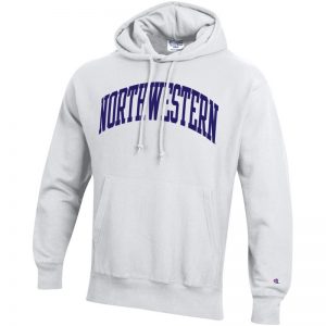 Northwestern University Wildcats Men’s White Champion Super Heavy Reverse Weave Hooded Sweatshirt with Purple Arched Northwestern Wool Sewn Appliqué Design