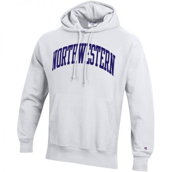 Northwestern University Wildcats Men’s White Champion Super Heavy Reverse Weave Hooded Sweatshirt with Purple Arched Northwestern Wool Sewn Appliqué Design
