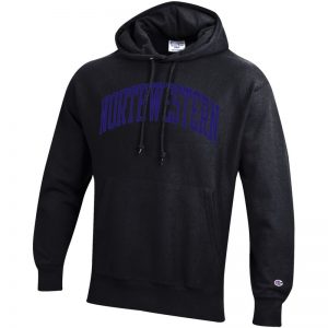 Northwestern University Wildcats Men’s Black Champion Super Heavy Reverse Weave Hooded Sweatshirt with Purple Arched Northwestern Wool Sewn Appliqué Design