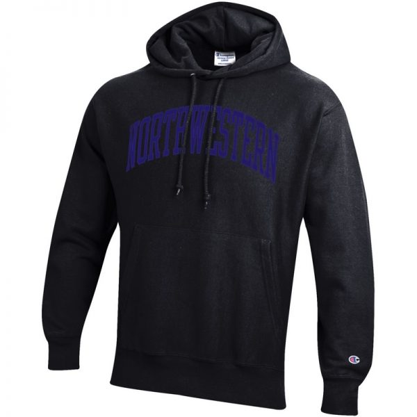 Northwestern University Wildcats Men’s Black Champion Super Heavy Reverse Weave Hooded Sweatshirt with Purple Arched Northwestern Wool Sewn Appliqué Design