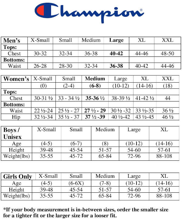 Champion Sizing Chart