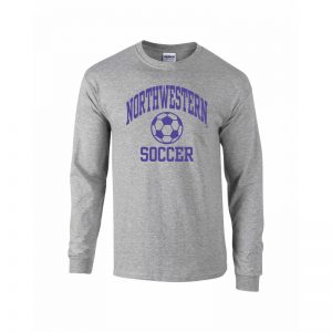 Northwestern University Wildcats Grey Long Sleeve Tee Shirt with Soccer Design