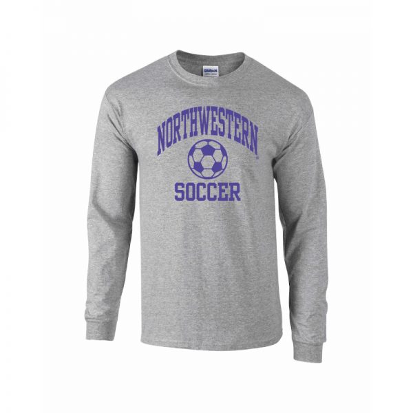 Northwestern University Wildcats Grey Long Sleeve Tee Shirt with Soccer Design