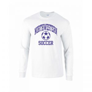 Northwestern University Wildcats White Long Sleeve Tee Shirt with Soccer Design