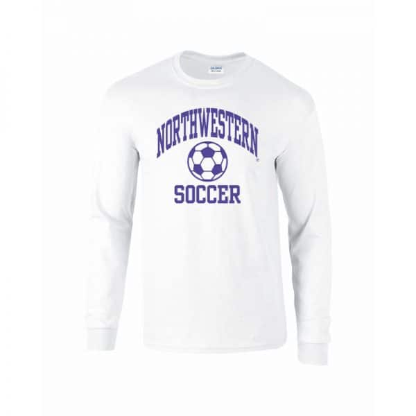 Northwestern University Wildcats White Long Sleeve Tee Shirt with Soccer Design