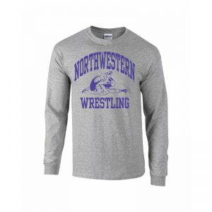 Northwestern University Wildcats Grey Long Sleeve Tee Shirt with Wrestling Design
