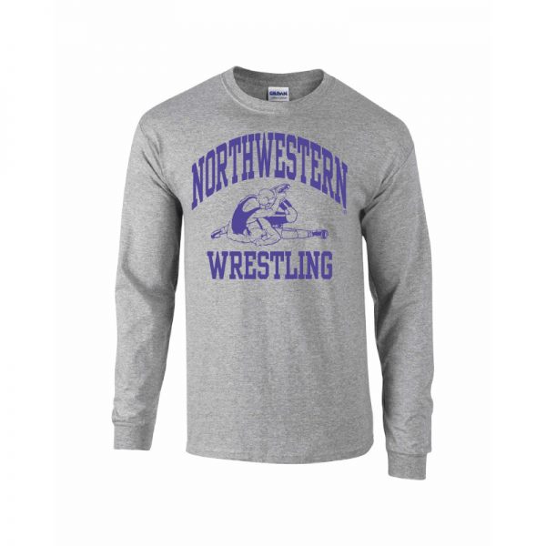 Northwestern University Wildcats Grey Long Sleeve Tee Shirt with Wrestling Design