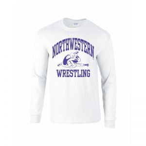 Northwestern University Wildcats White Long Sleeve Tee Shirt with Wrestling Design