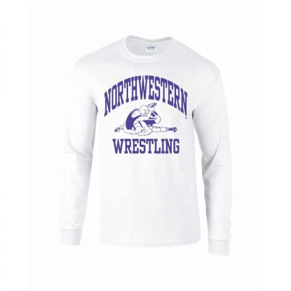 Northwestern University Wildcats White Long Sleeve Tee Shirt with Wrestling Design