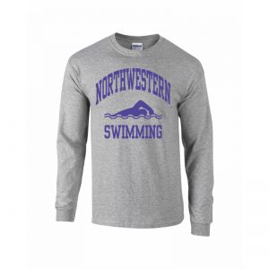 Northwestern University Wildcats Grey Long Sleeve Tee Shirt with Swimming Design