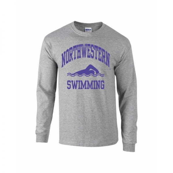 Northwestern University Wildcats Grey Long Sleeve Tee Shirt with Swimming Design