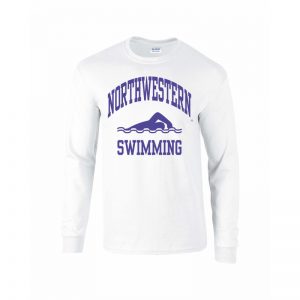 Northwestern University Wildcats White Long Sleeve Tee Shirt with Swimming Design