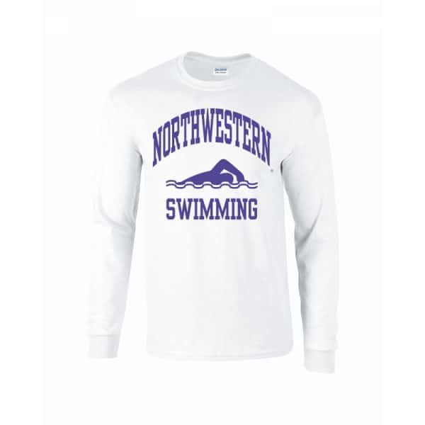 Northwestern University Wildcats White Long Sleeve Tee Shirt with Swimming Design
