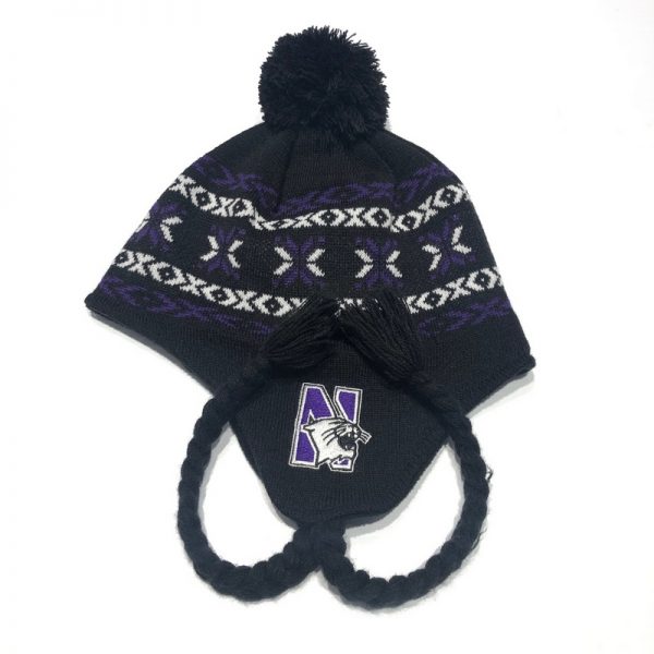 Northwestern University Wildcats Adult Black Tassel Knit Cap With Fleece Lining & N-Cat Design