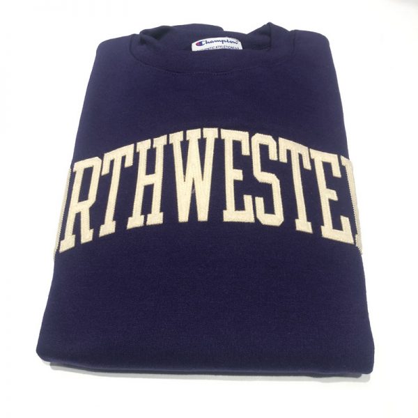 Northwestern University Wildcats Men's Purple Champion Eco Powerblend Crewneck Sweatshirt with Creamy White Arched Northwestern Wool Sewn Appliqué Design