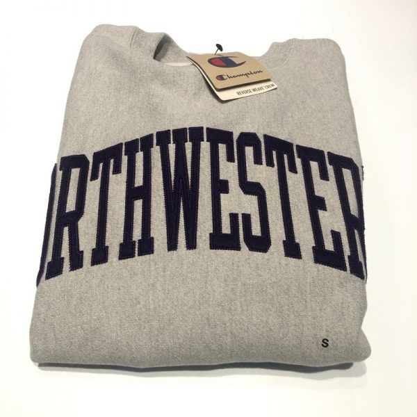 Northwestern University Wildcats Men's Oxford Heather Champion Super Heavy Reverse Weave Crewneck Sweatshirt with Purple Arched Northwestern Wool Sewn Appliqué Design -2