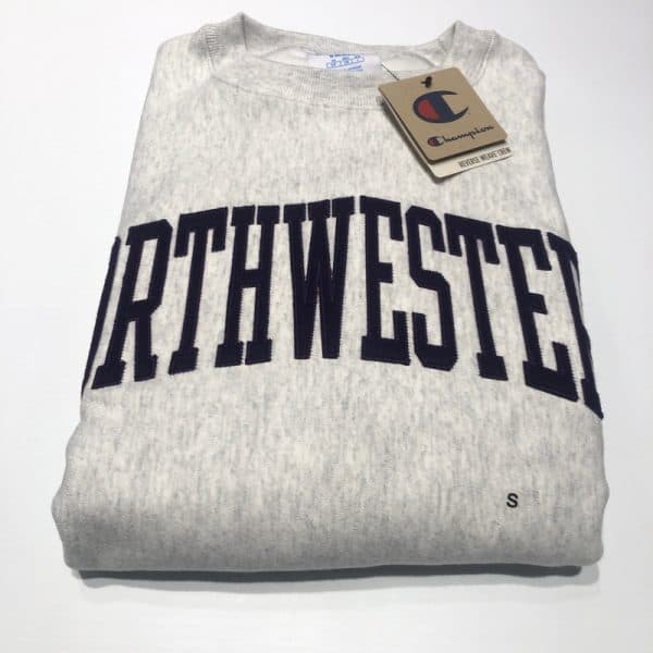 Northwestern University Wildcats Men's Silver Grey Champion Super Heavy Reverse Weave Crewneck Sweatshirt with Purple Arched Northwestern Wool Sewn Appliqué Design -2