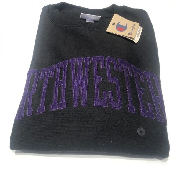 Northwestern University Wildcats Men's Black Champion Super Heavy Reverse Weave Crewneck Sweatshirt with Purple Arched Northwestern Wool Sewn Appliqué Design -1