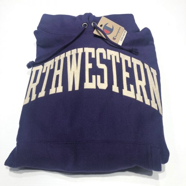 Northwestern University Wildcats Men’s Purple Champion Super Heavy Reverse Weave Hooded Sweatshirt with Creamy White Arched Northwestern Wool Sewn Appliqué Design-2